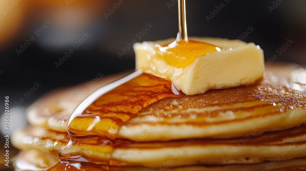 Poster golden syrup pouring onto a stack of pancakes topped with butter.