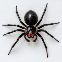Obraz premium Close up Detailed View of a Black Spider with Red Eyes on White Background