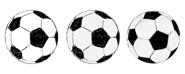 Football ball chalk textured set. Pencil kids sports collection. Different crayon, charcoal or pastel hand drawing balls. Outline cartoon vector illustration isolated on transparent background