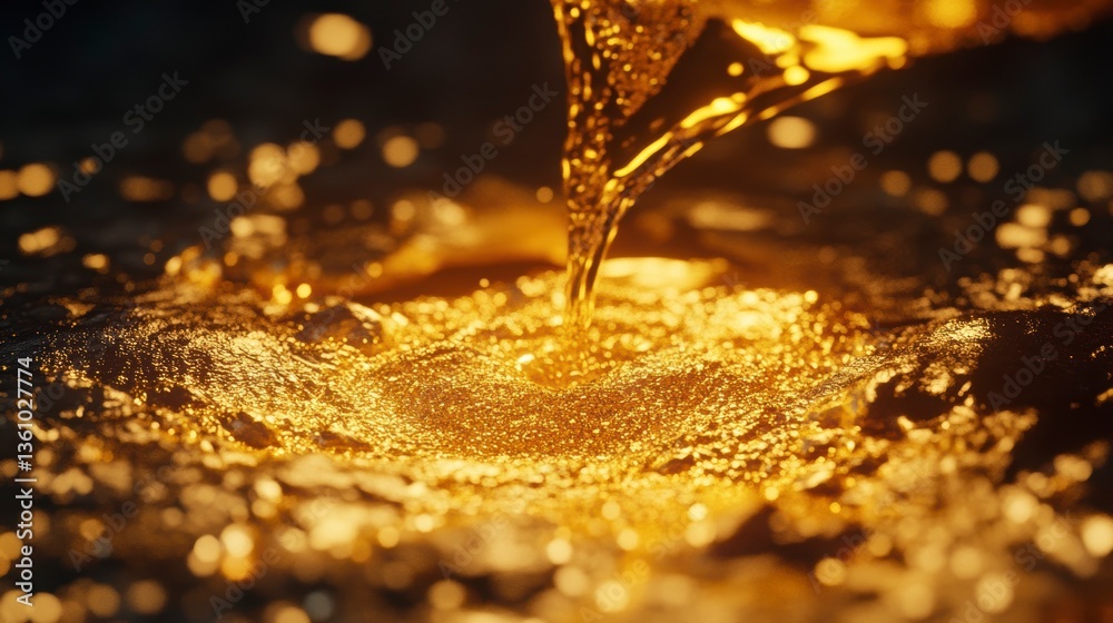 Aufkleber golden liquid pouring into a pool, creating ripples and splashes.