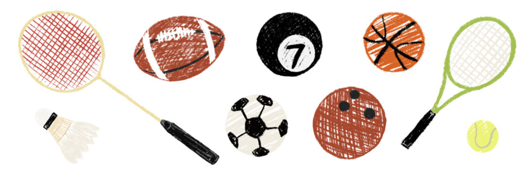 Basketball, american football, bowling, billiard, ball, tennis racket, badminton shuttlecock chalk textured. Pencil kids sports collection. Child crayon hand drawing set. Vector illustration isolated