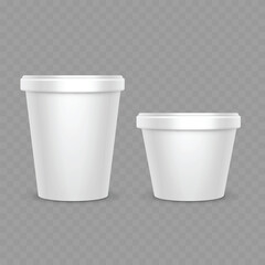 Realistic White Plastic Cups with Lids for Packaging. Vector