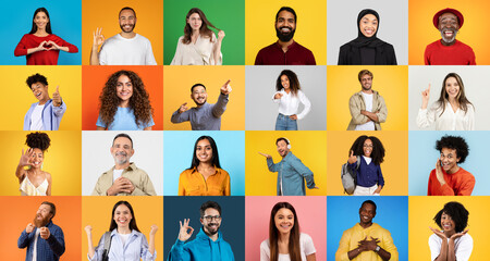 This collage features a diverse group of men and women displaying various expressions against colorful backgrounds. The individuals represent different cultures and backgrounds, emphasizing inclusion.
