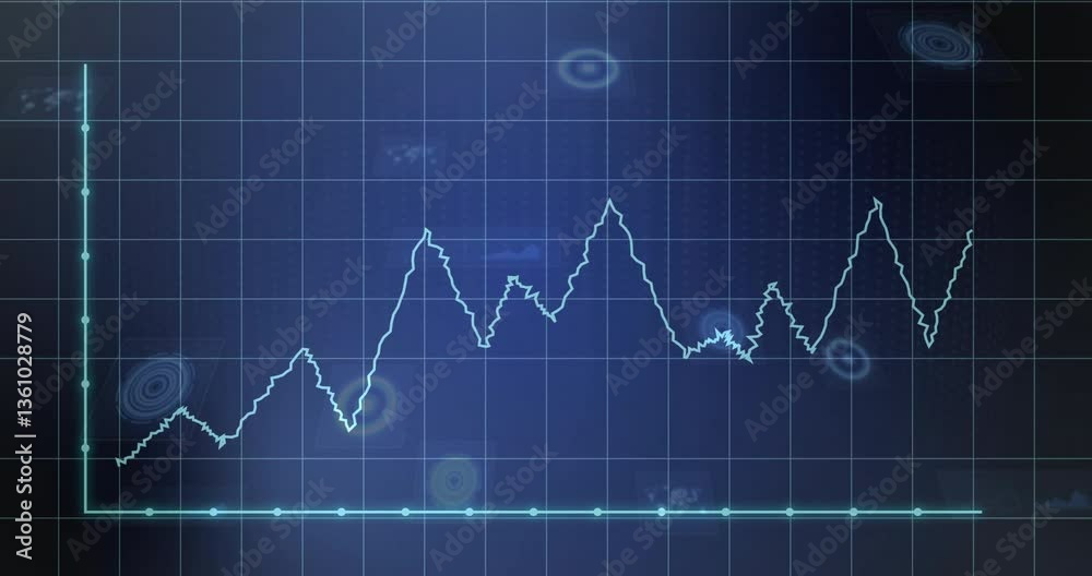 Poster animation of fluctuating line graph with glowing data points on blue grid background