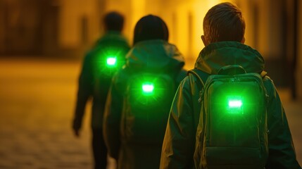 Fototapeta premium People walking with illuminated backpacks in a dark setting.