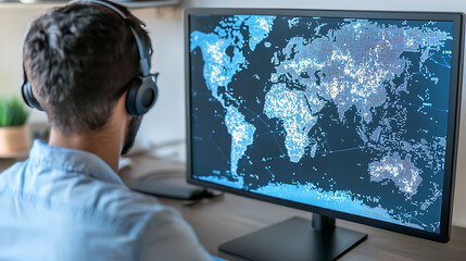 Global data analysis event home office digital display modern environment user perspective technology insights