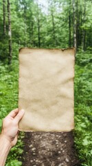 A hand holds a blank, aged piece of parchment in a lush forest setting, inviting exploration or creativity amidst nature's beauty.