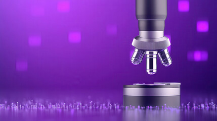 A close-up of a high-tech microscope revealing intricate components against a vibrant purple background, suggesting advanced scientific exploration.