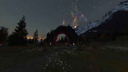 Enchanted Gateway Under Starry Night Sky with Colorful Lights and Mountain Landscape
