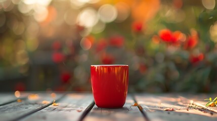 A simple and cozy scene with a bright red coffee cup resting on a rustic wooden table, Single red coffee mug on the wooden kitchen countertop