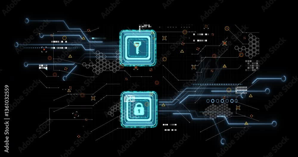 Poster digital security icons and data processing animation on futuristic network background