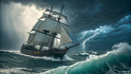 large sailing ship braving the rough waves in a dark sea