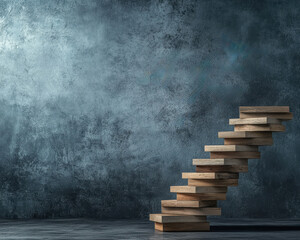 A minimalist staircase made of wooden blocks illuminates the concept of growth and progress against a textured blue-gray background, symbolizing the journey toward success and self-improvement.