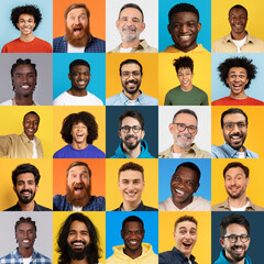 A vibrant collage showcases smiling men from various backgrounds. The collection highlights diversity and inclusivity, celebrating the joy and unity