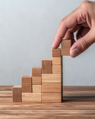 A visual representation of growth, showcasing wooden blocks being stacked to form a staircase.