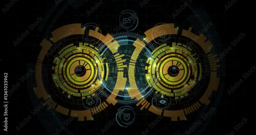 Poster animation of futuristic digital interface with circular patterns in school setting