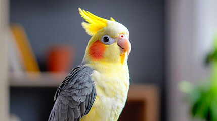A vibrant and joyful portrait of a cockatiel, showcasing its distinct yellow crest and colorful markings.