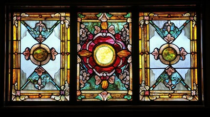 Obraz premium Colorful Stained Glass Window with Floral and Circular Designs