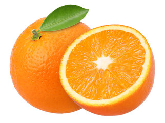 Orange fruit with leaves and half isolated, Orange fruit macro studio photo, transparent PNG, PNG format, cut out