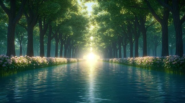 Sunlit path through a tranquil forest lined canal. seamless looping time-lapse animation