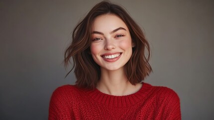 Fototapeta premium Smiling young caucasian female with brown hair in red sweater against gray background