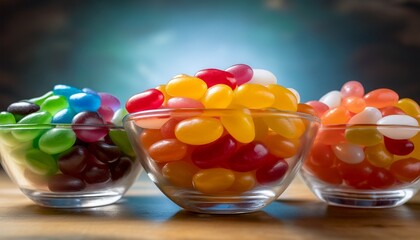 Glass bowl full of colorful jelly jars