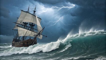 large sailing ship braving the rough waves in a dark sea