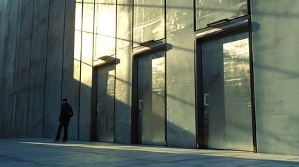 silhouette of a man walking in the street, people walking in the city, Mysterious Businessman in a Futuristic Urban Landscape Bathed in Golden Light and Shadows Near a Modern Glass Skyscraper