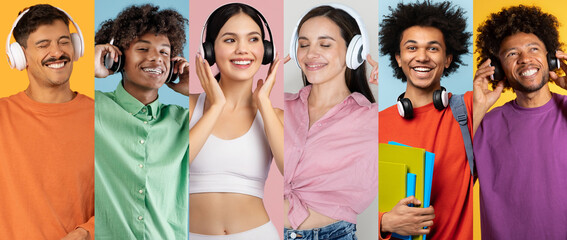 A diverse group of young individuals happily listening to music with headsets in a vibrant, isolated background. Each person demonstrates joy and fun through their expressions and poses.
