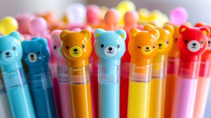 close up of colored pencils, close up of colored pens, Vibrant Cartoon Bear and Human-Shaped Colorful Gel Ink Pens in 10 Shades, Featuring Unique Designs for Creative Writing, Cute Stationery Lovers, 