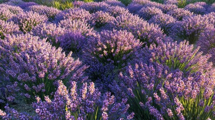 Vibrant Lavender Fields Under Golden Light Capturing the Beauty of Blooming Flora and Nature's Serenity in Sunset Glow