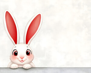 Fototapeta premium cute white bunny with large pink ears peeks over gray surface against light textured background, evoking joy