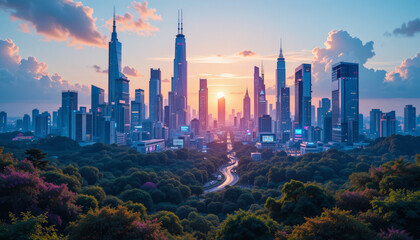 Obraz premium stunning city skyline at sunset, showcasing tall skyscrapers and vibrant clouds. scene captures beauty of urban architecture against colorful sky, evoking sense of wonder and tranquility