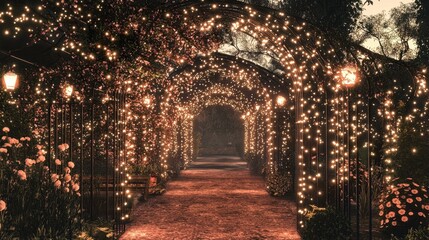 Enchanted garden path illuminated with warm fairy lights and surrounded by blooming flowers at dusk creating a magical ambiance