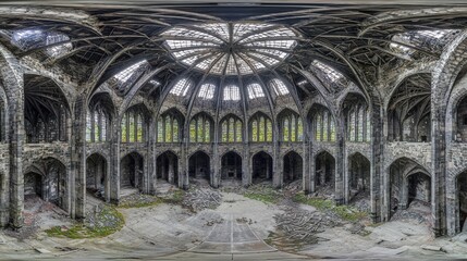 Obraz premium Panoramic view of a decaying, majestic church interior. Detailed stonework and a damaged dome are prominent features, showcasing the passage of time and the beauty of ruin.