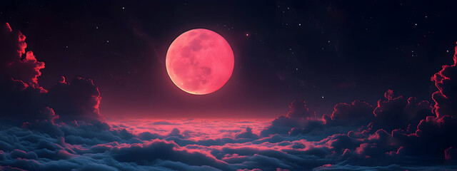 Red moon in cloudy night sky, dramatic and mysterious 4k wallpaper, illustration  -