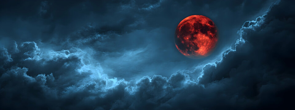 Red moon in cloudy night sky, dramatic and mysterious 4k wallpaper, illustration  -
