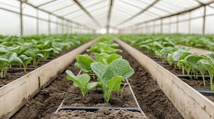 New crop growth in a modern greenhouse focusing on sustainable agriculture practices and technology