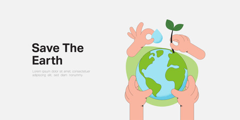 Human hands holding Earth globe, Plant and water drop. Earth Day, World Environment and Save the Earth concept. Sustainable ecology and environment conservation concept design. Vector illustration.