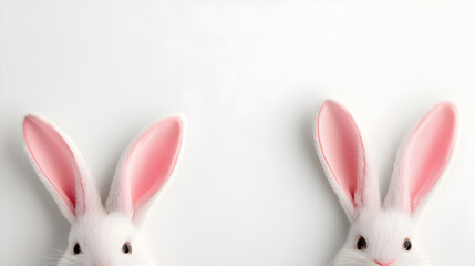 Fototapeta premium Two adorable white bunny ears with pink inner fur peek from bottom corners of clean white background, creating playful and