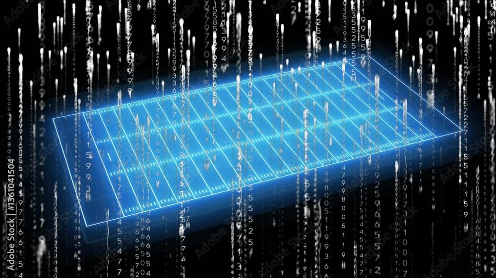 Poster animation of digital football field with falling binary code, showcasing technology