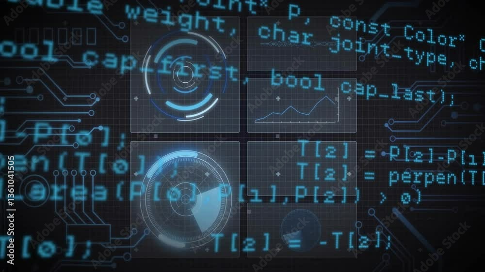 Poster in school, animation of futuristic digital interface with coding and data elements