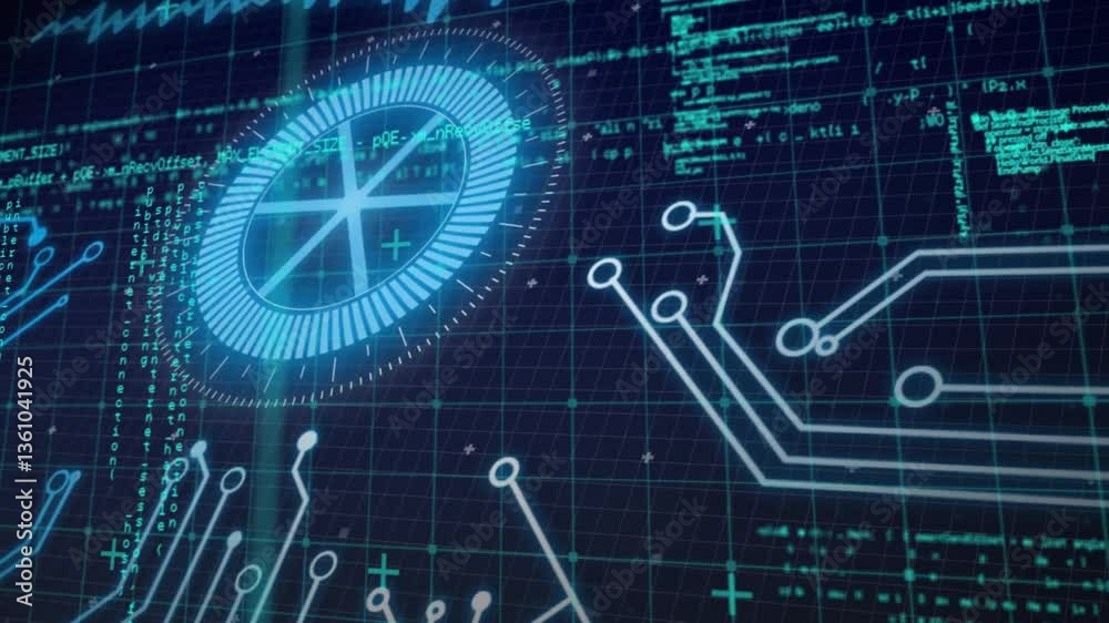 Poster Futuristic interface elements in digital circuit board data processing animation