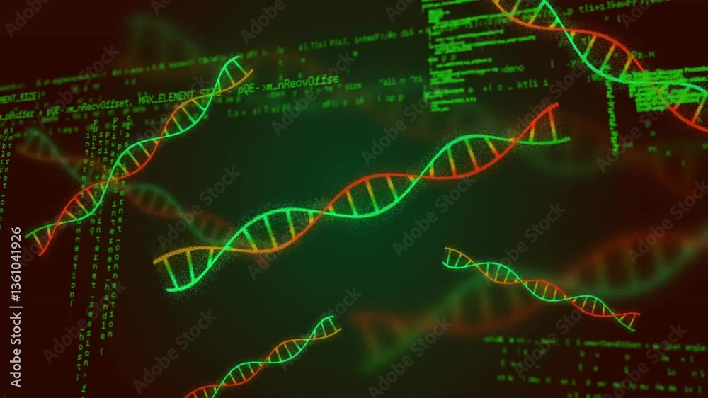 Poster processing scientific data, dna strands and binary coding in animation