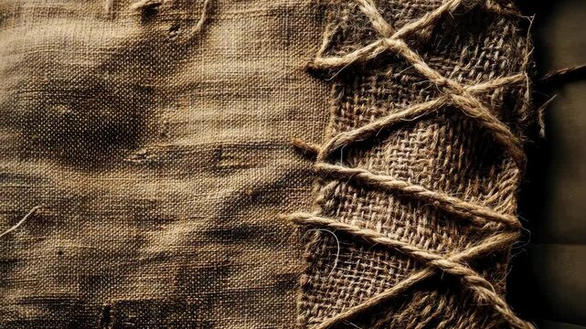 Textured burlap fabric with intricate twine stitching displayed in close-up during natural light
