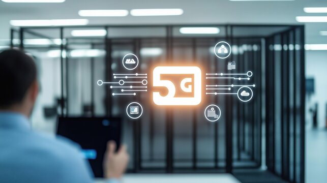 Exploring the future of technology connectivity with a glowing 5G symbol in a modern office space - Powered by Adobe