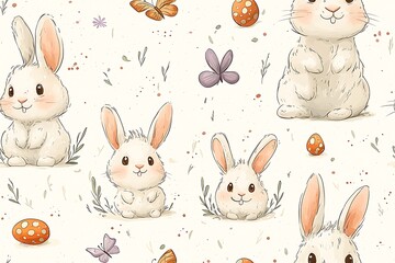 Fototapeta premium Cute Easter Bunny Illustration Pattern with Decorated Eggs and Butterflies