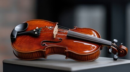Fototapeta premium Beautiful violin resting on a pedestal. Close-up view showcasing the rich wood grain and polished finish