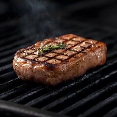 Sizzling steak grilling outdoors, smoky background, food blog use