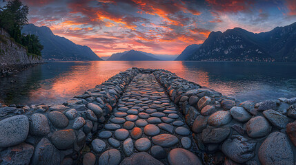 Lake Como old stone walls pathway sunset scenic view textured rocks mountain landscape ancient walkway warm light evening sky heritage detail rustic countryside Italy natural travel outdoor charm